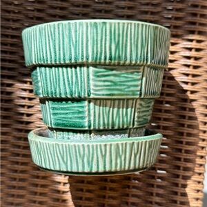 Green McCoy Pottery Basket Weave Ceramic Planter